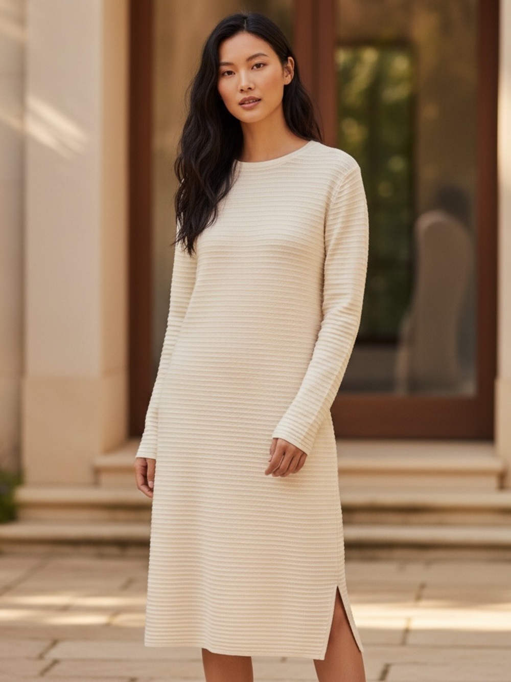 'S Max Mara Cream Knit Dress Long Sleeve Ribbed Shift Tunic Luxury Small IT 40